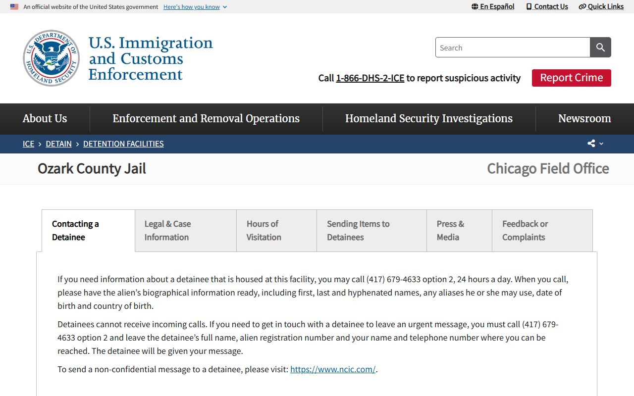ICE facility page for Ozark County Jail showing detention contact and visitation information