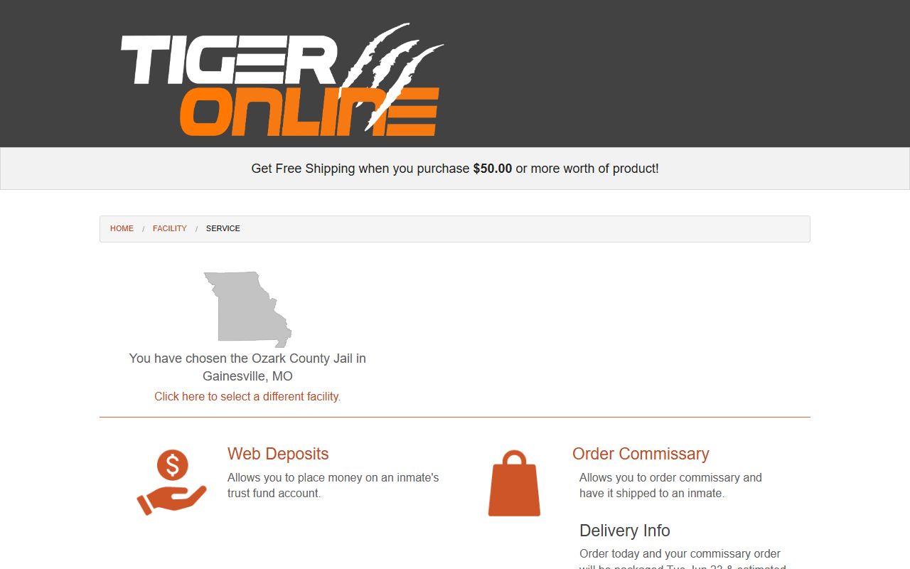 Tiger Commissary service choices for Ozark County Jail web deposits and commissary orders